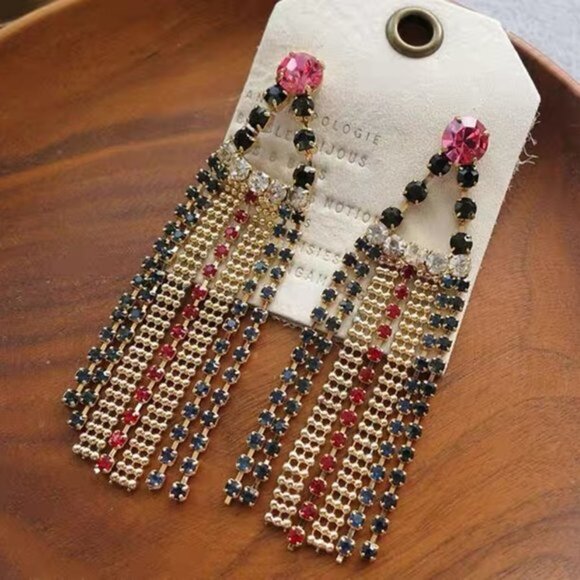 Anthropologie Crystal Fringe Tassel Earrings Pink Glittery Dressy Timeless - Picture 1 of 3